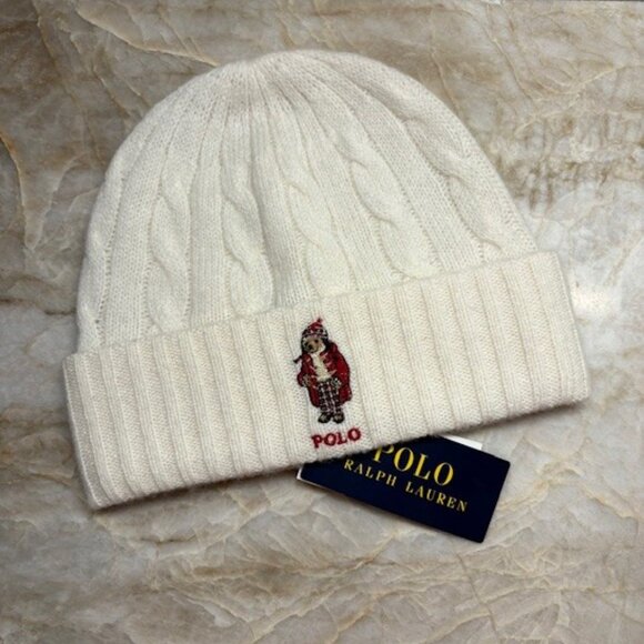 Polo Ralph Lauren Polo Bear Jane Wool Blend Beanie Cap Cable Knit Cream NWT
